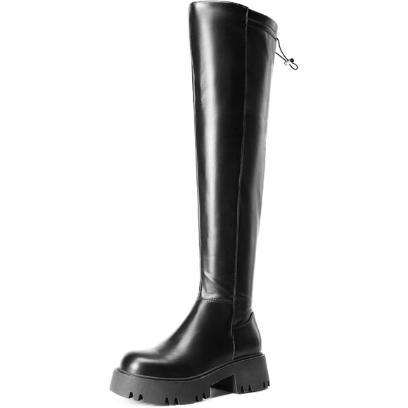 Women's Black-pu Faux Leather Over The Knee Lug Sole Round Toe Fall Long Boots - Picture 1 of 7
